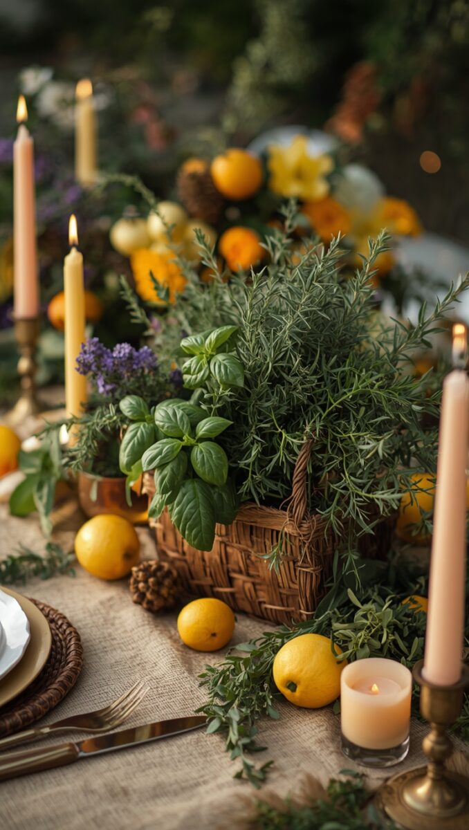 Rustic wicker basket centerpiece with fresh basil and rosemary, surrounded by lemons, candles, and lavender on a burlap table runner