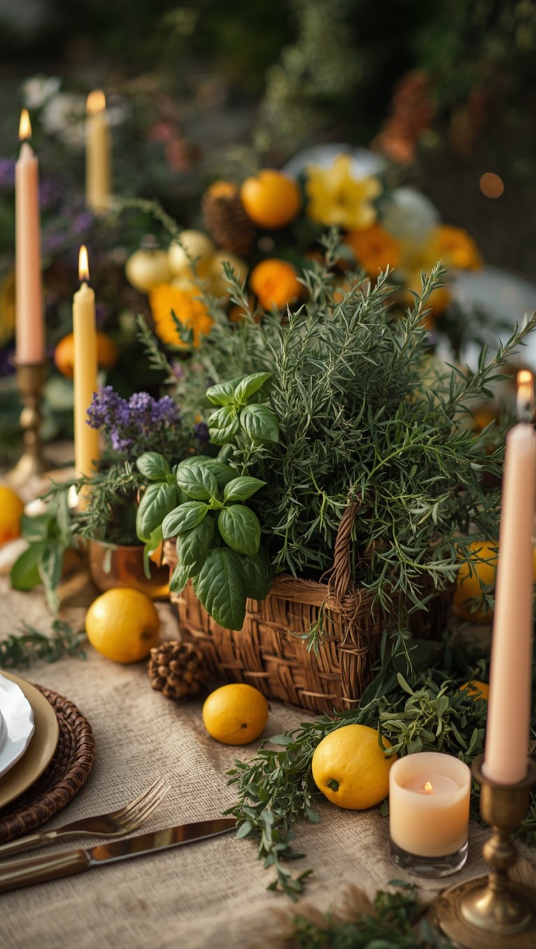 Rustic wicker basket centerpiece with fresh basil and rosemary, surrounded by lemons, candles, and lavender on a burlap table runner