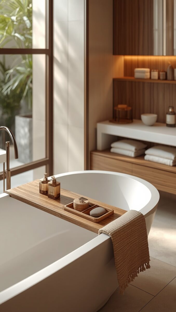 Luxury freestanding white bathtub with wooden caddy tray, soap dispensers, and folded towel in a spa-style bathroom
