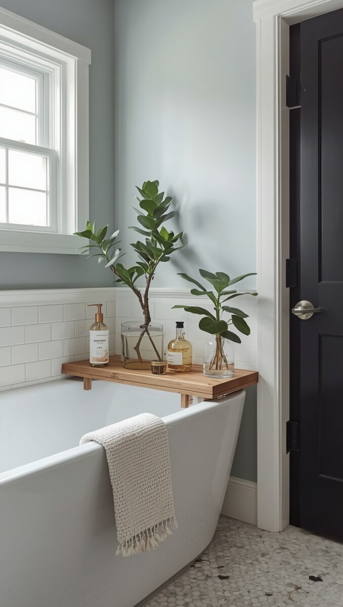 Minimalist bathroom with freestanding white bathtub, wooden tray caddy holding plants and bottles, black door