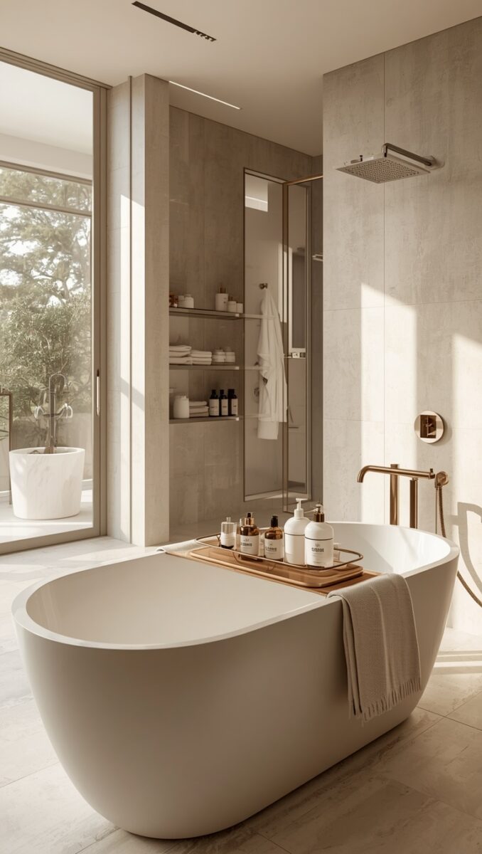 Luxury modern bathroom with freestanding white soaking tub, rain shower, bamboo tray, and floor-to-ceiling windows