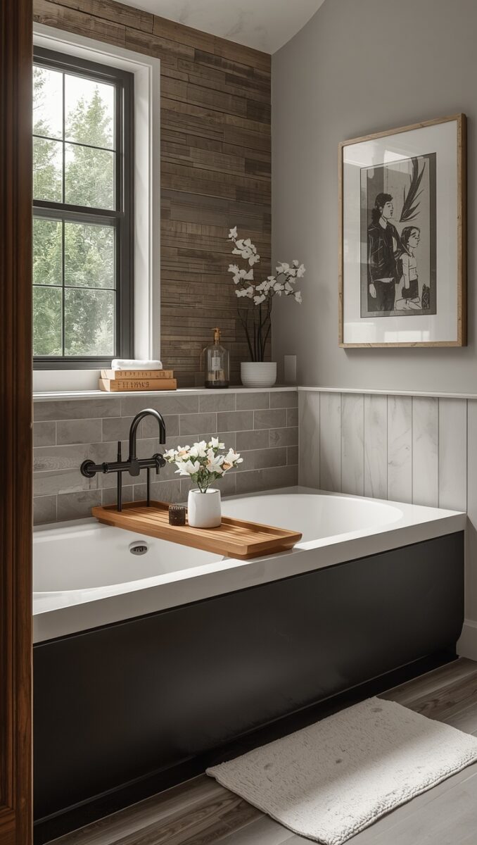 Modern bathroom with dark soaking tub, wood bath tray, black faucet, gray subway tiles, and wood accent wall
