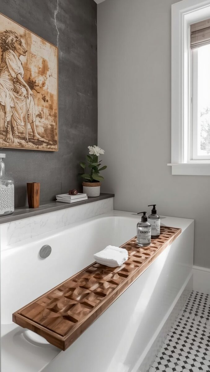 Elegant white bathtub with carved wooden bath caddy tray holding soap dispensers and folded towel in a modern bathroom