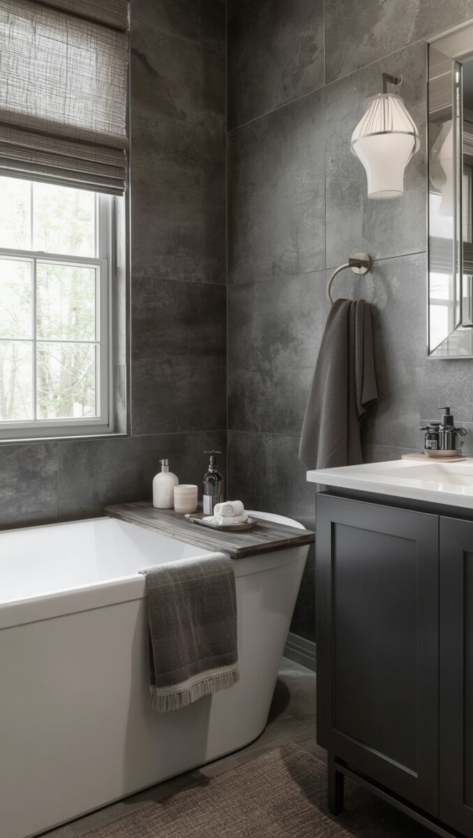Modern dark gray bathroom with white freestanding bathtub, wooden tray, dark vanity, wall sconce, and bamboo blinds