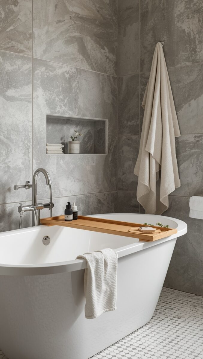 Freestanding white soaking tub with wooden caddy tray, chrome faucet, and gray marble-look tile walls