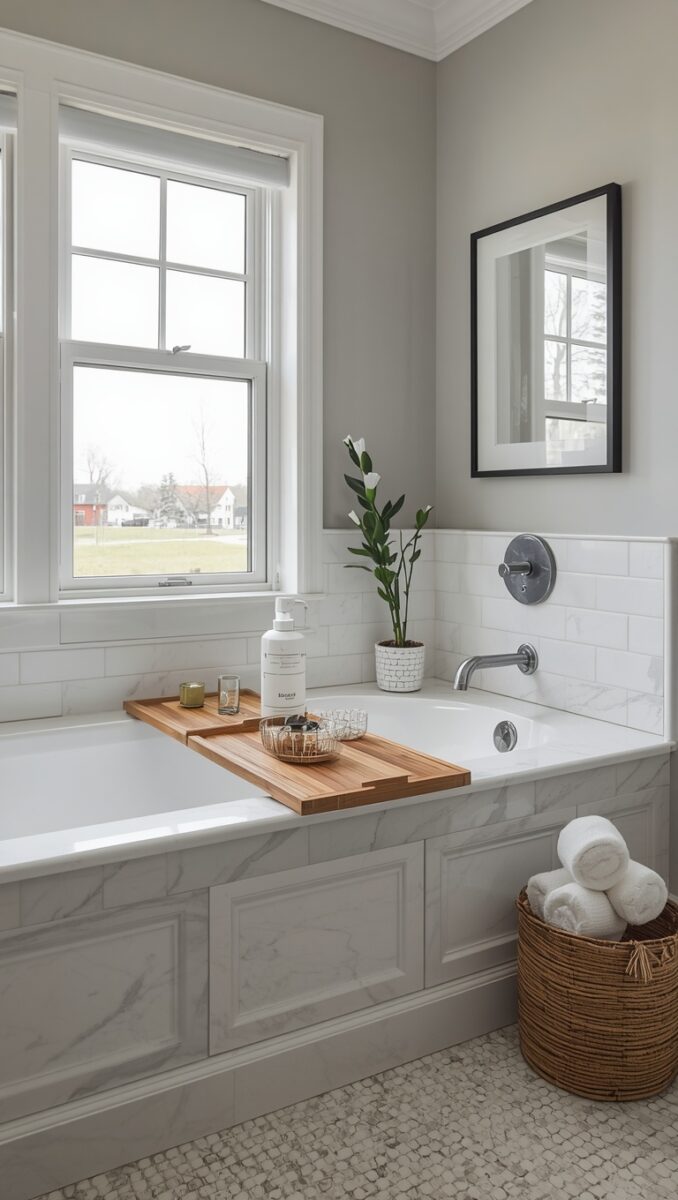 Elegant white marble soaking tub with wooden bath caddy, subway tile surround, and wicker towel basket in a bright bathroom