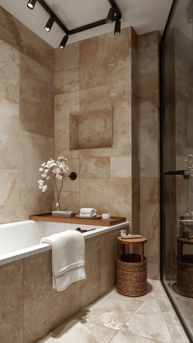 Luxury spa-style bathroom with beige marble tiles, white soaking tub, wooden tray, white orchids, and wicker basket