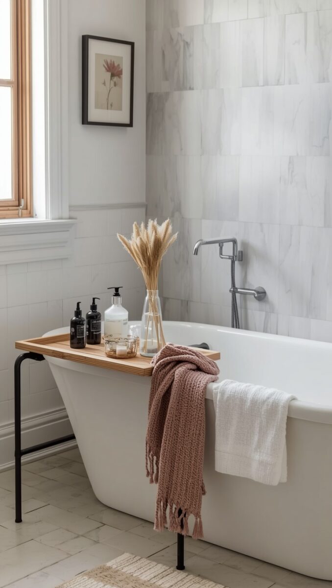 Elegant white freestanding bathtub with wooden tray holding soap bottles, dried pampas grass, and pink knit throw in marble-tiled bathroom