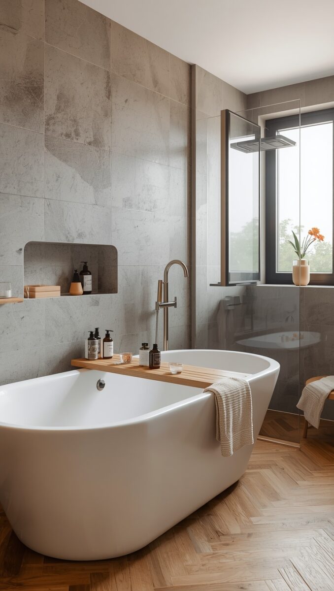 Modern luxury bathroom with freestanding white soaking tub, herringbone wood floors, and large stone tiles