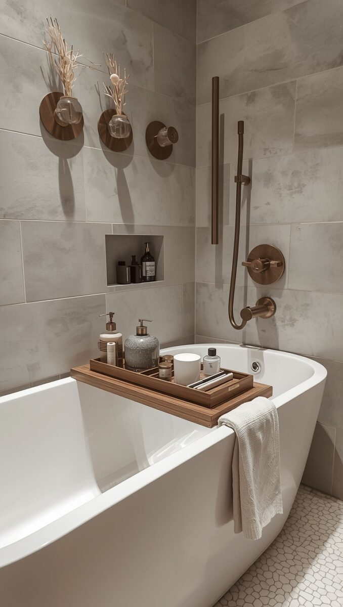 Elegant freestanding white bathtub with wooden caddy tray, bronze fixtures, and marble-effect tiles in a luxury bathroom