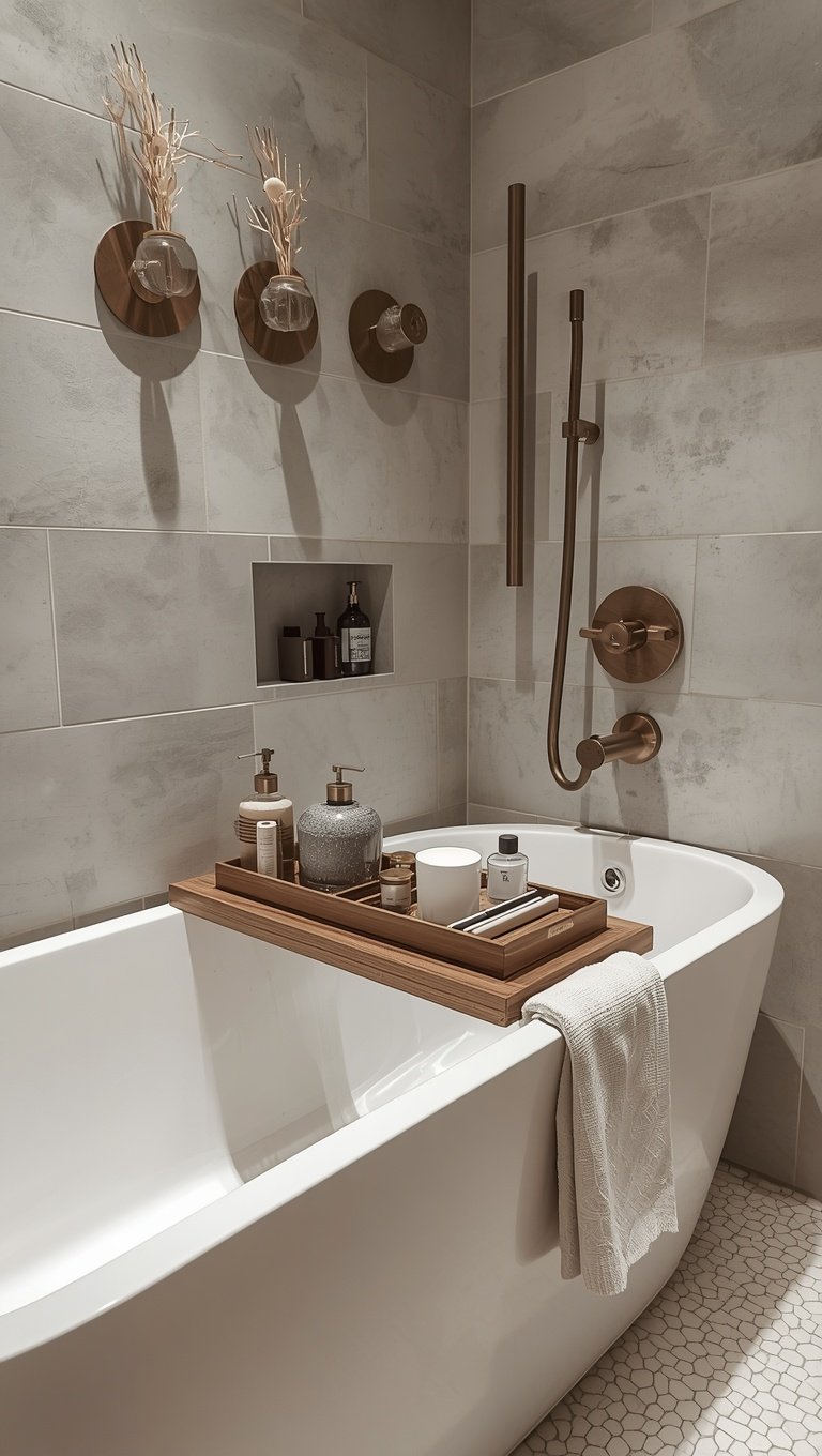 Elegant freestanding white bathtub with wooden caddy tray, bronze fixtures, and marble-effect tiles in a luxury bathroom