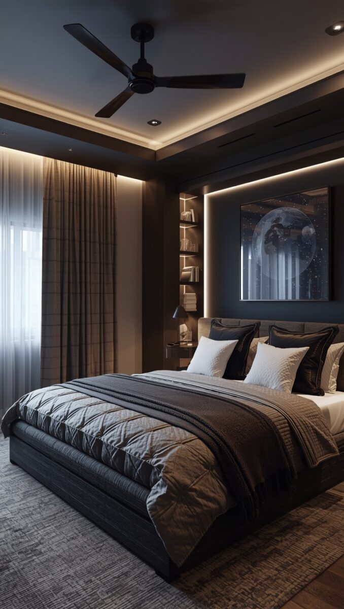 Modern dark luxury bedroom with charcoal bedding, black ceiling fan, LED accent lighting, and space-themed wall art
