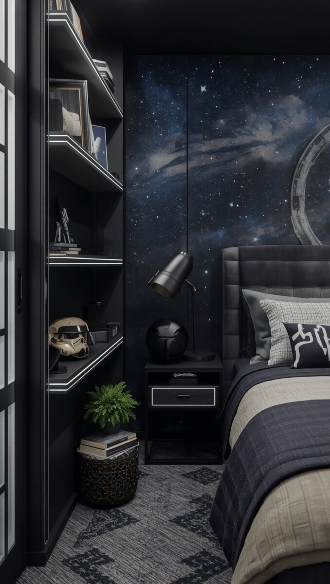 Star Wars themed bedroom with galaxy wall mural, dark shelving with Stormtrooper helmet, and navy bedding