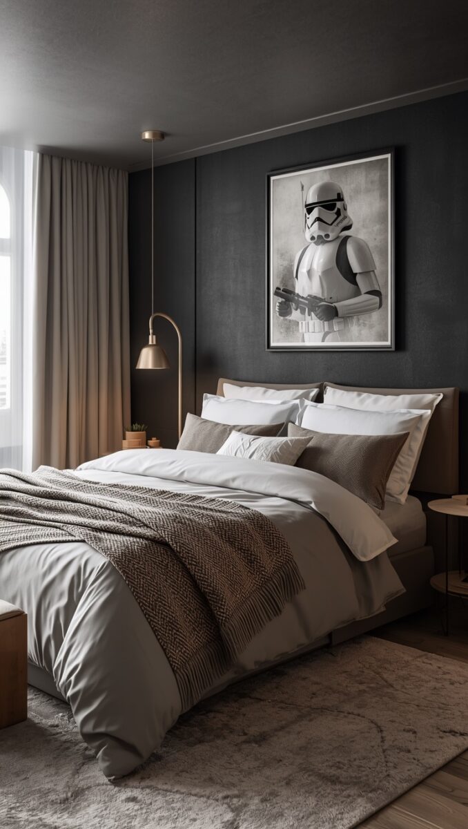 Modern dark bedroom with white bedding, taupe throw blanket, gold pendant lamp, and framed Stormtrooper wall art