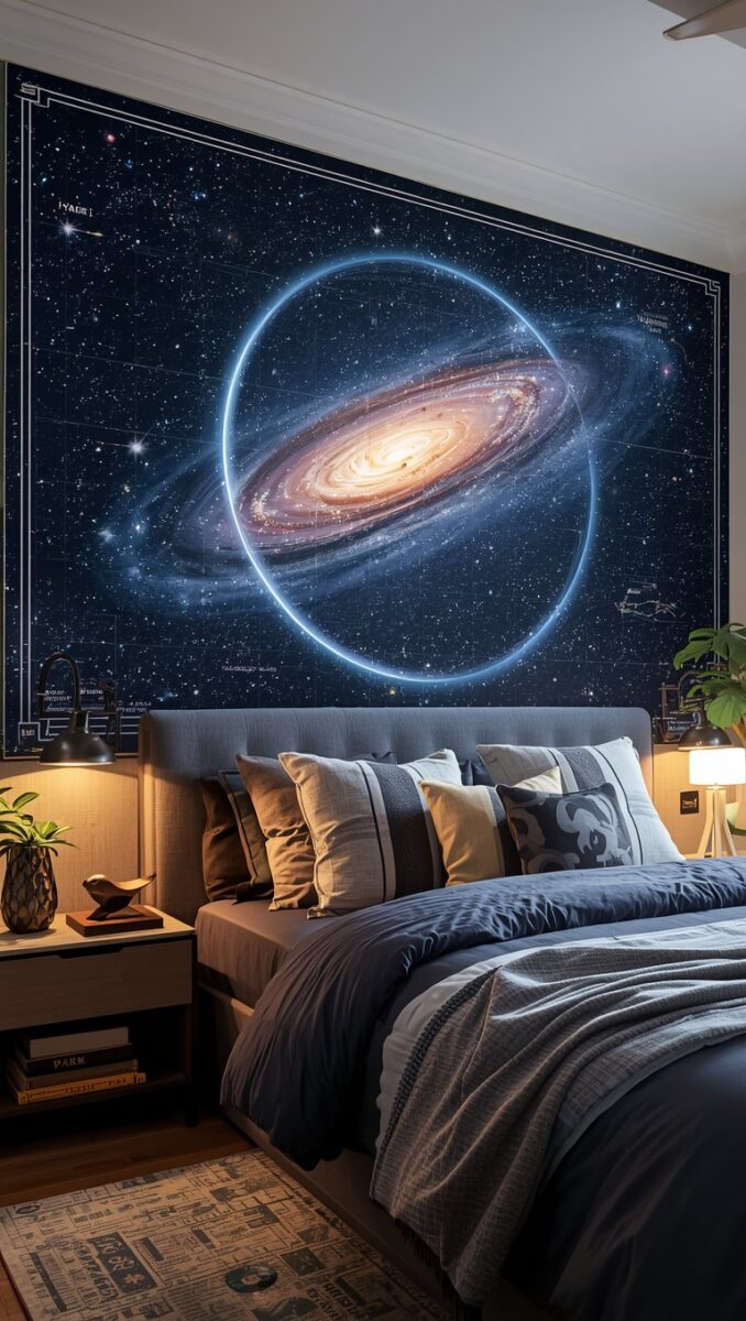 Cozy bedroom with large spiral galaxy and constellation map wall mural above a styled bed with blue bedding