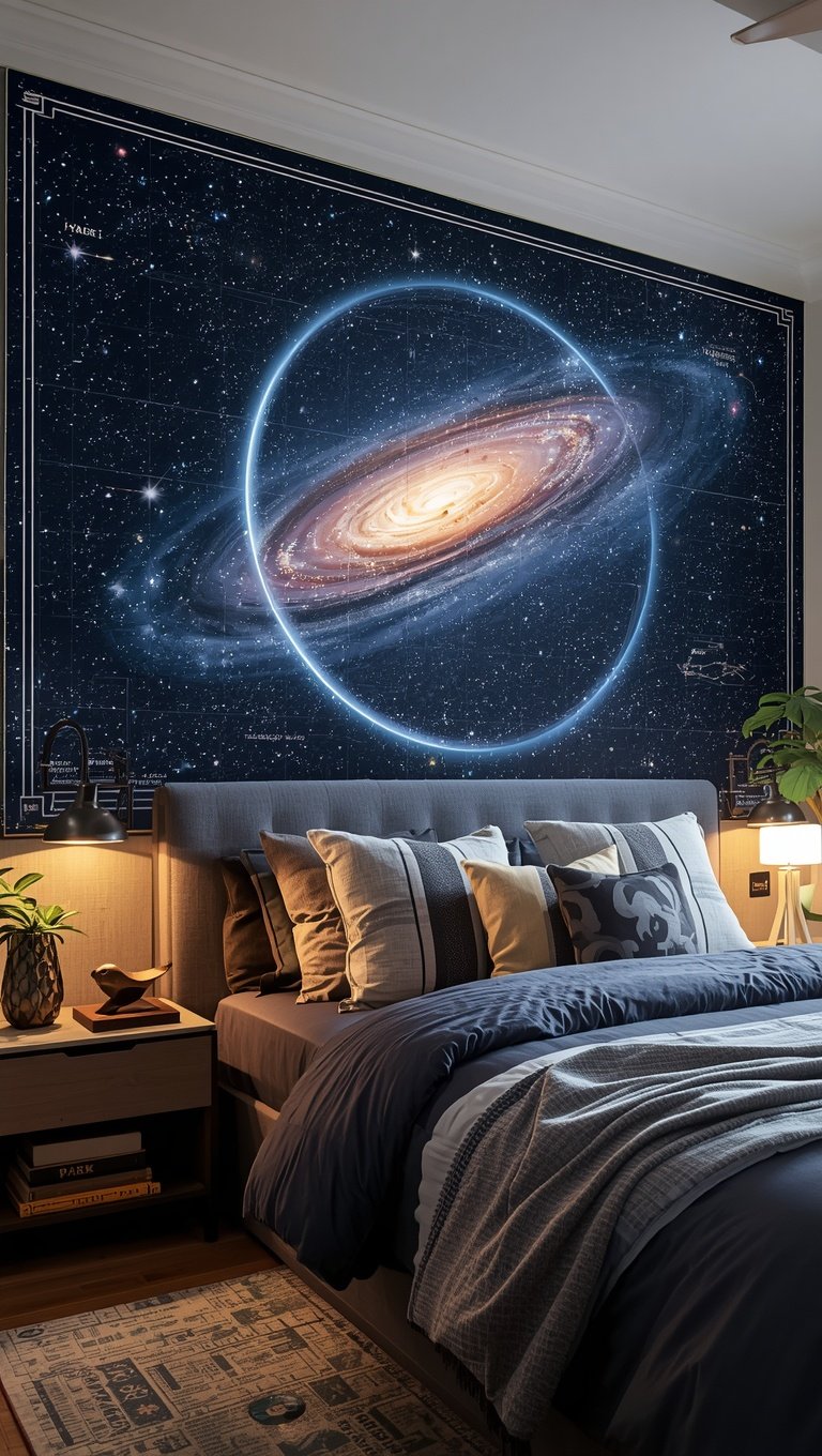Cozy bedroom with large spiral galaxy and constellation map wall mural above a styled bed with blue bedding