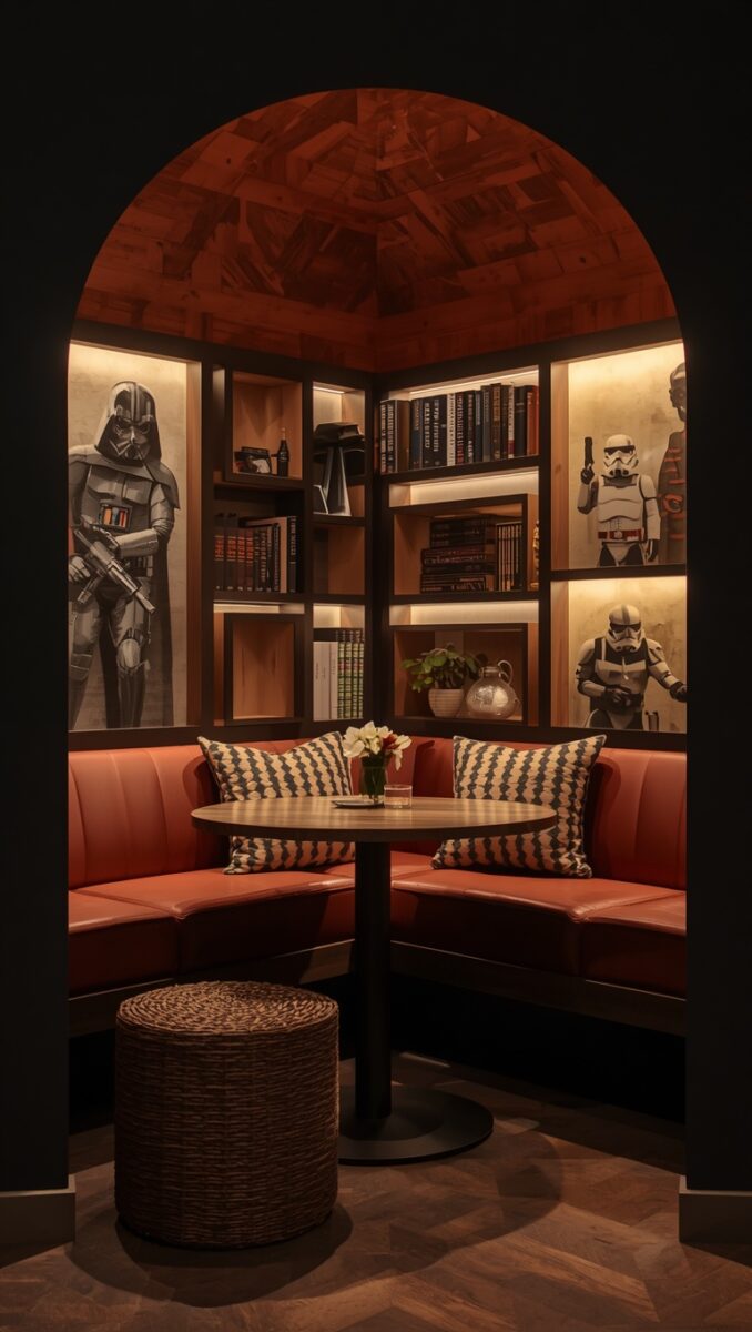 Star Wars themed reading nook with red leather banquette seating, built-in bookshelves, and Darth Vader and Stormtrooper murals