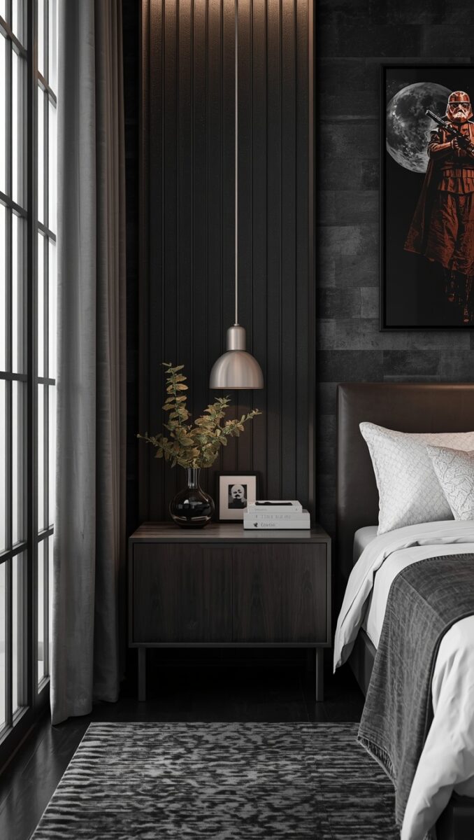 Dark modern bedroom with walnut nightstand, copper pendant light, eucalyptus vase, and Star Wars Stormtrooper wall art
