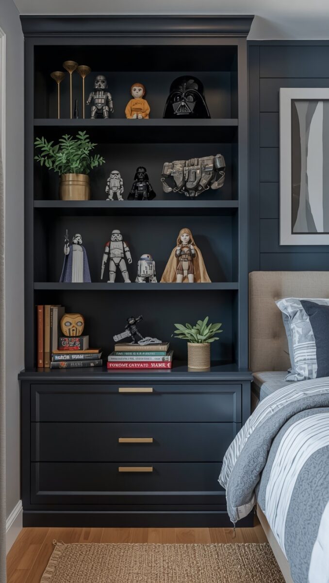 Dark navy built-in bookshelf displaying Star Wars collectibles including Darth Vader, Stormtroopers, and R2-D2 figures beside a bed