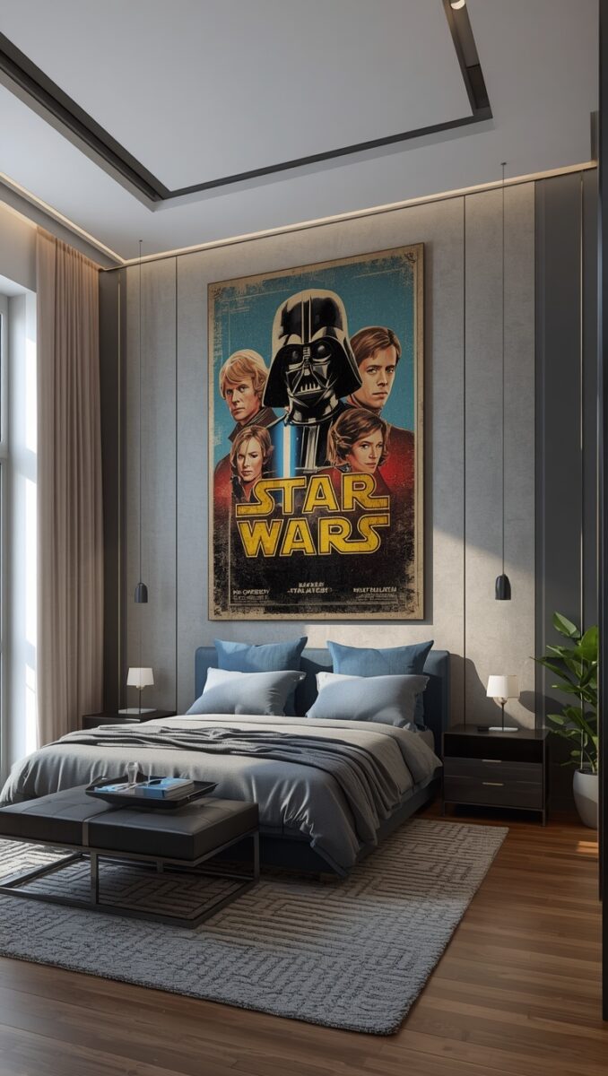 Modern bedroom with large vintage Star Wars movie poster above a king bed with blue and grey bedding