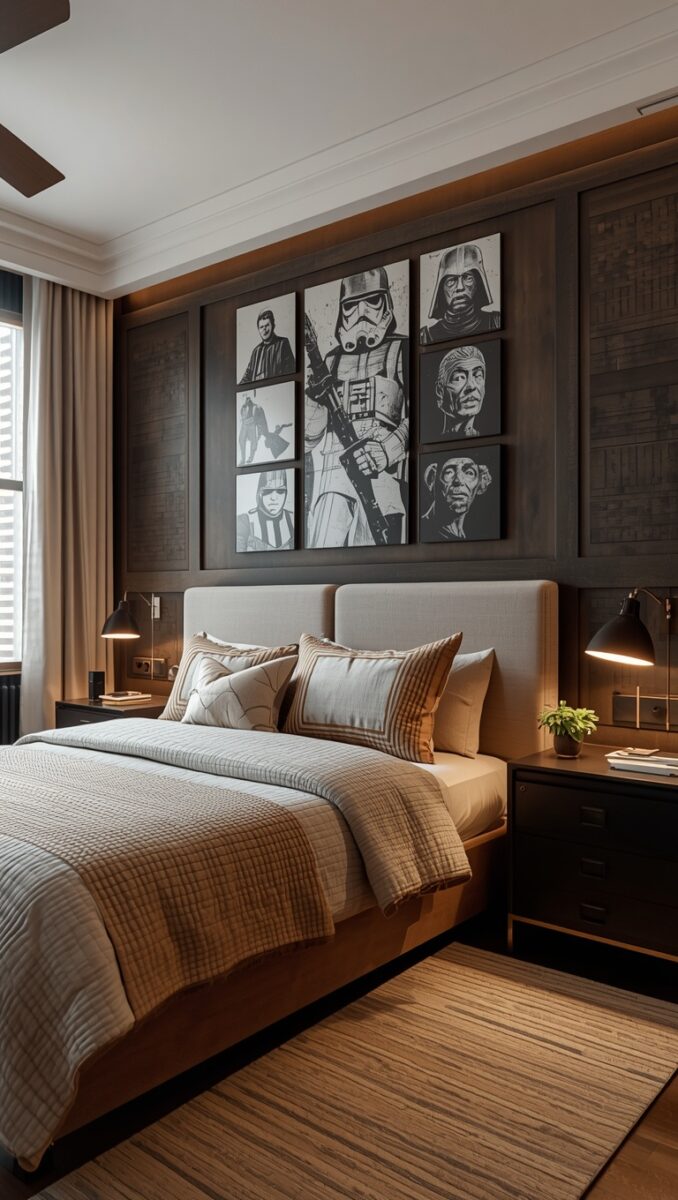 Modern masculine bedroom with Star Wars black-and-white wall art gallery above upholstered gray bed with warm wood accents
