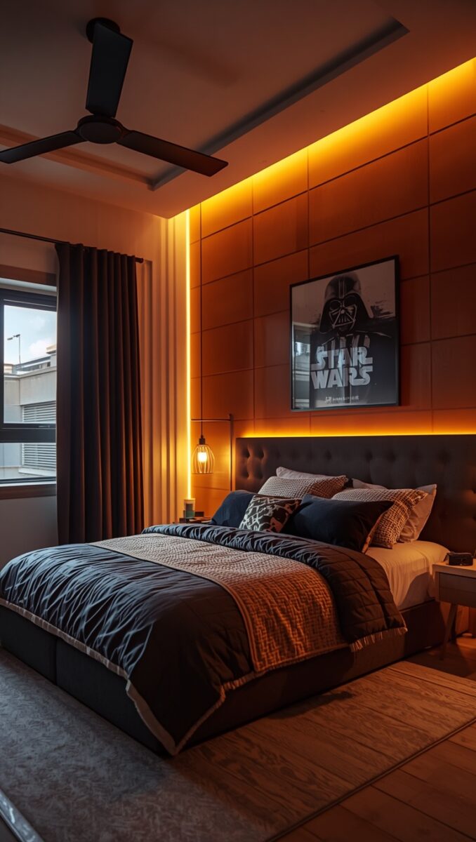 Modern Star Wars themed bedroom with orange LED ambient lighting, tufted headboard, and Darth Vader poster above bed