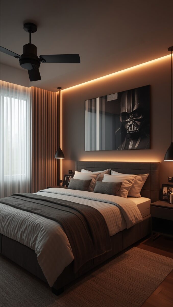 Modern dark bedroom with warm LED strip lighting, Darth Vader wall art, layered neutral bedding, and black pendant lights