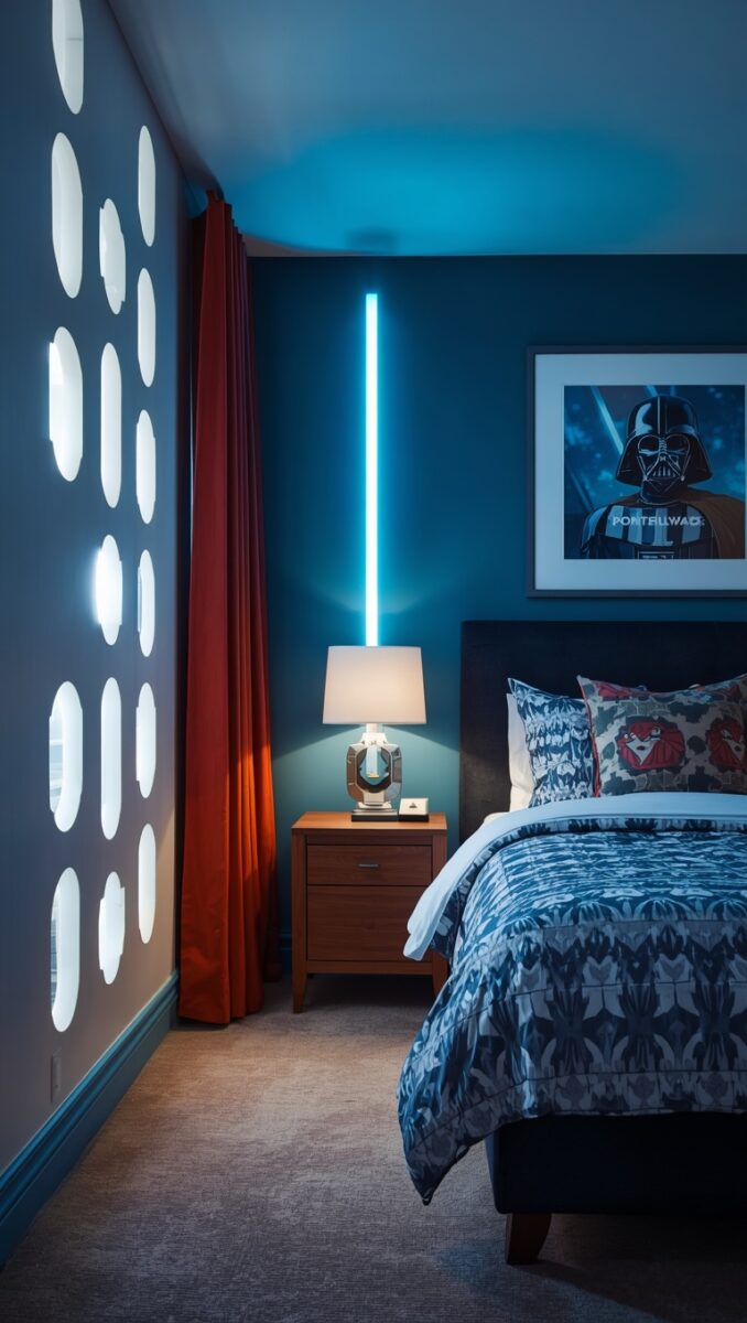 Star Wars themed bedroom with blue walls, neon lightsaber light, Darth Vader poster, and patterned bedding