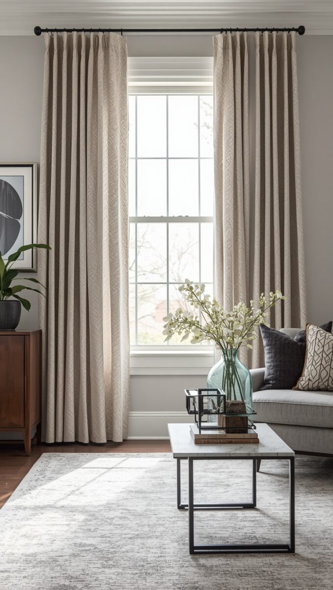 Elegant living room with floor-to-ceiling beige patterned curtains, gray sofa, marble coffee table, and large window