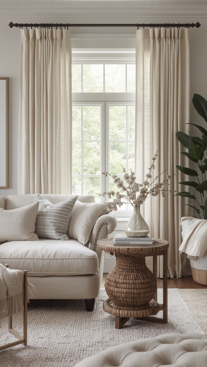 Elegant neutral living room with cream sofa, woven side table, floral vase, and floor-length linen curtains by large window