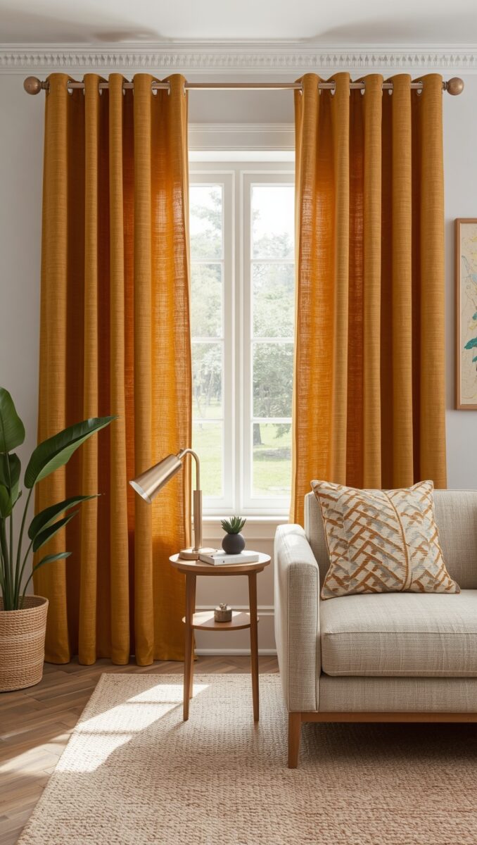 Bright living room with mustard yellow linen curtains, grey sofa, wooden side table, floor lamp, and indoor plant