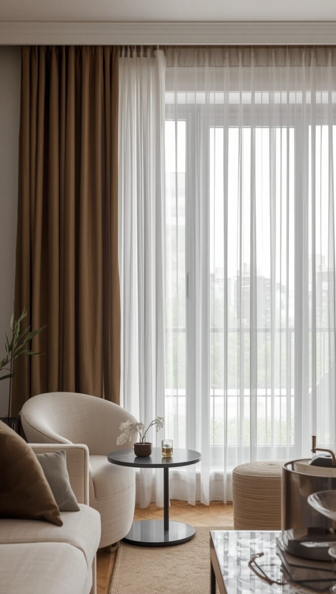 Modern living room with sheer white and brown curtains, cream armchair, black side table, and parquet flooring