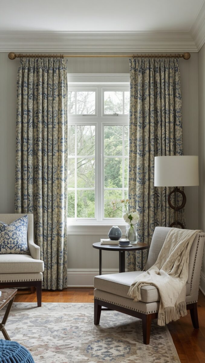 Elegant living room with blue and cream floral patterned drapes on brass rod, two gray armchairs, round side table