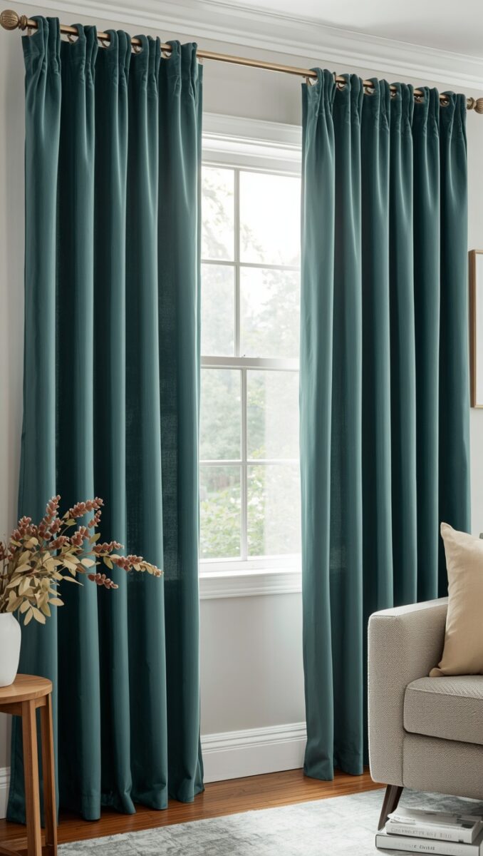 Teal velvet pinch pleat curtains on gold rod framing a white window in a neutral living room