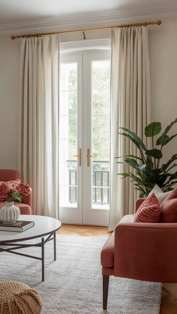 Elegant living room with terracotta sofa, beige linen curtains, gold curtain rod, and French doors to balcony