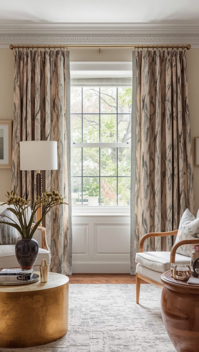 Elegant living room with floor-to-ceiling botanical print curtains, gold coffee table, and large window overlooking garden
