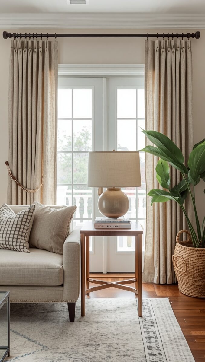 Elegant living room with floor-to-ceiling linen curtains, neutral sofa, wood side table, ceramic lamp, and tropical plant