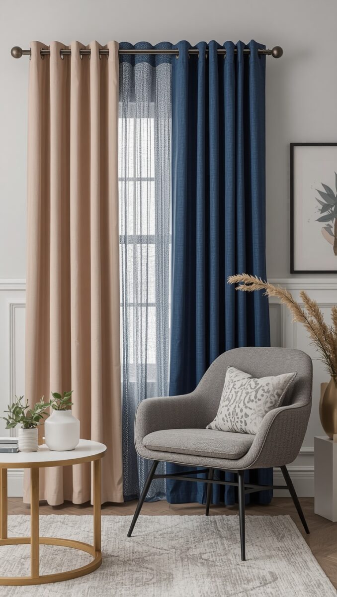 Modern living room with navy blue and beige grommet curtains layered over sheer panels beside a gray accent chair