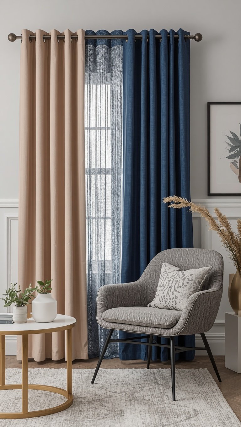 Modern living room with navy blue and beige grommet curtains layered over sheer panels beside a gray accent chair