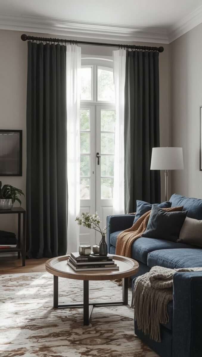 Modern living room with dark charcoal curtains, navy blue sofa, round wood coffee table, and large arched window