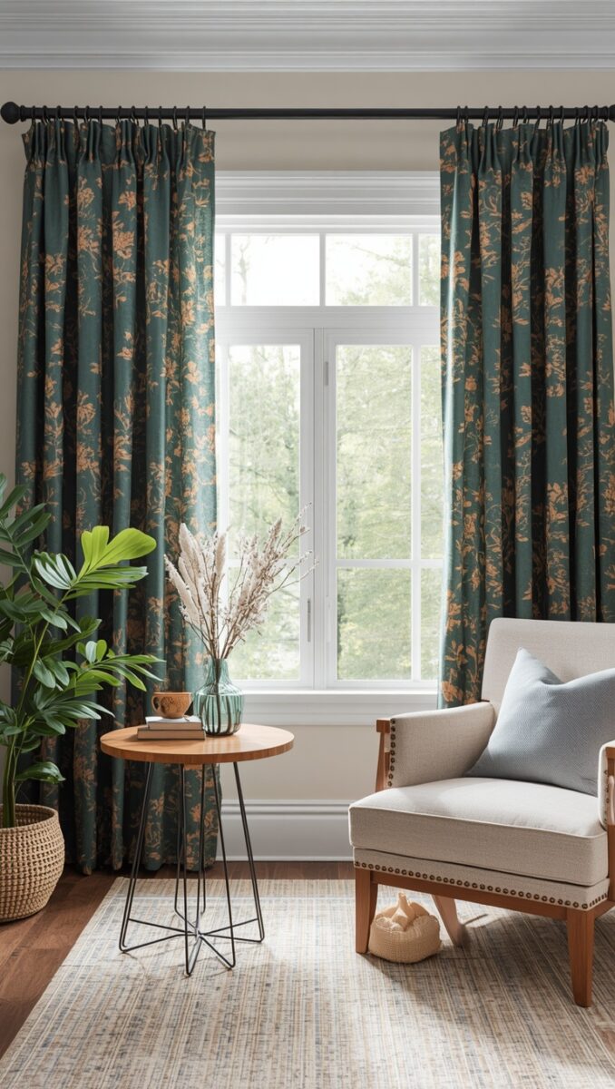 Cozy living room corner with teal floral curtains, white armchair, round side table, and indoor plants