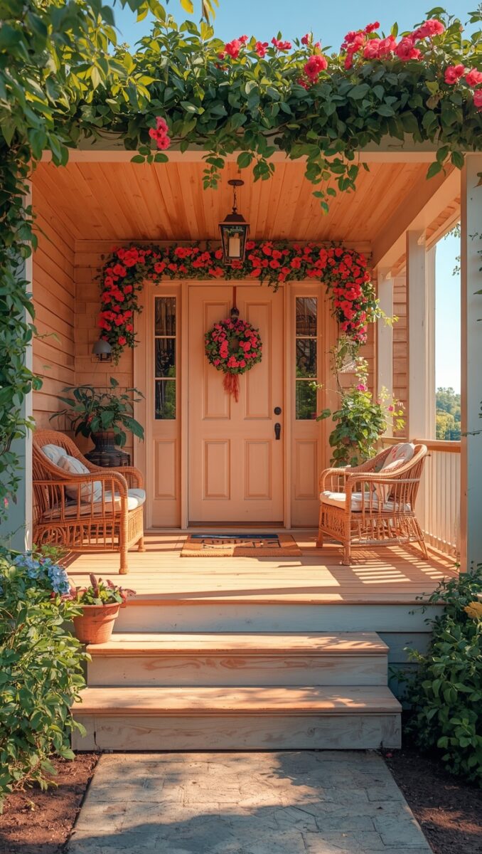 Charming cottage front porch with peach door, red floral wreath, wicker chairs, and climbing roses overhead