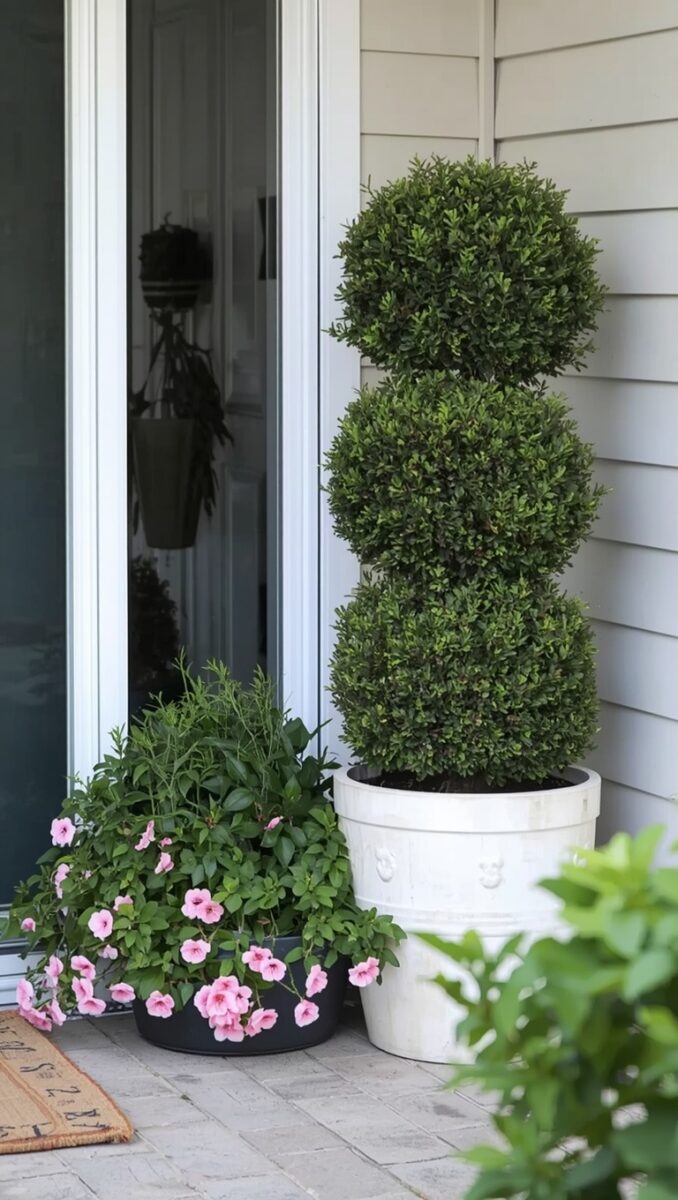 Triple ball boxwood topiary in white pot with pink impatiens in black planter by front door