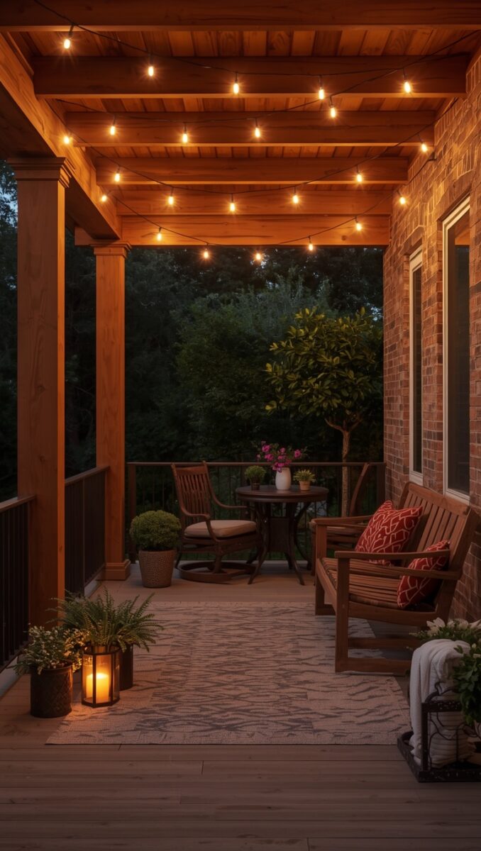 Cozy wooden deck porch at dusk with warm string lights, wooden furniture, red cushions, and potted plants