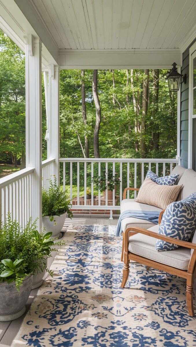 Cozy front porch with wooden chairs, blue patterned pillows, floral rug, and lush green tree views