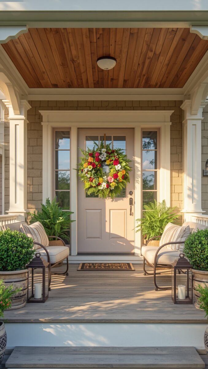 Charming front porch with colorful floral wreath on cream door, two chairs, lanterns, and potted ferns