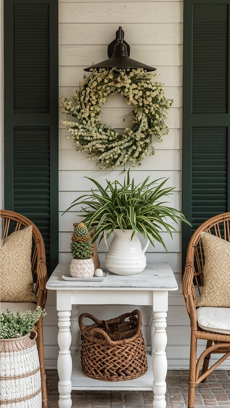 Farmhouse porch with white floral wreath, rattan chairs, white table with spider plant, and wicker basket decor