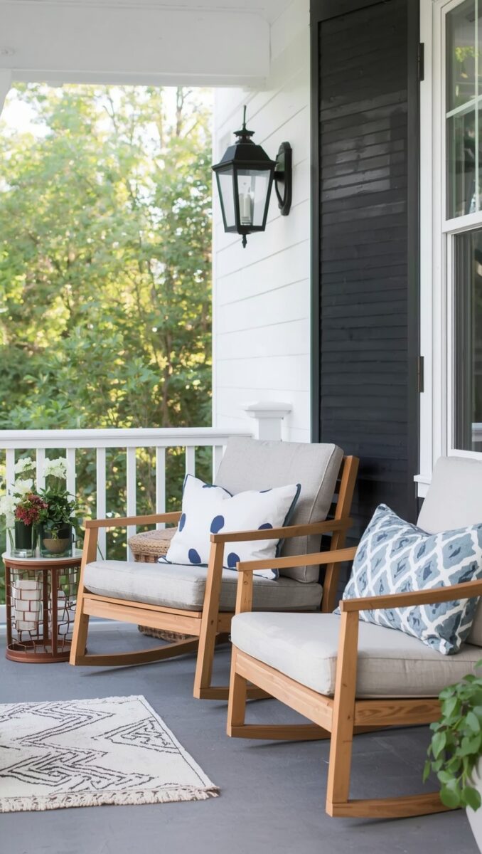 Cozy front porch with two wooden rocking chairs, gray cushions, blue patterned pillows, and a black lantern wall sconce