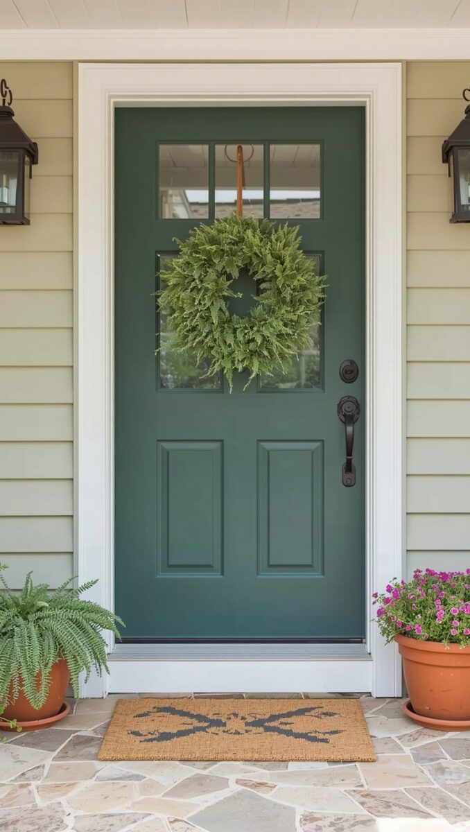 Dark green front door with fern wreath, black hardware, flanked by terracotta pots and wall lanterns on stone porch