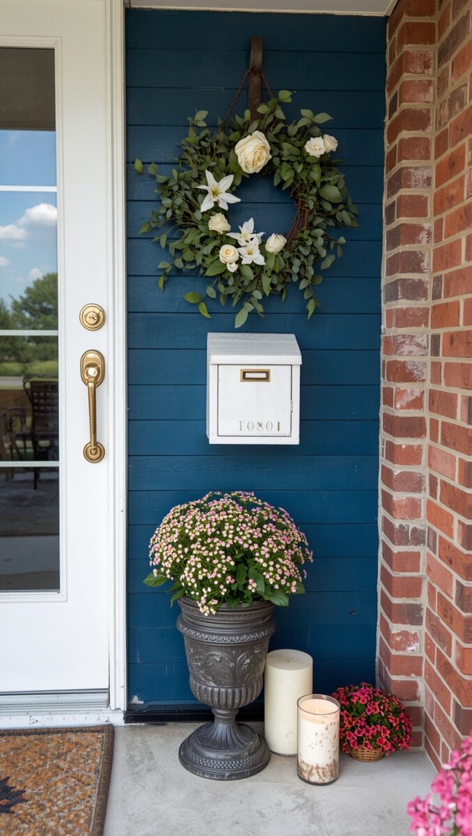 Blue shiplap front porch with white floral wreath, metal urn of pink mums, pillar candles, and wall-mounted mailbox